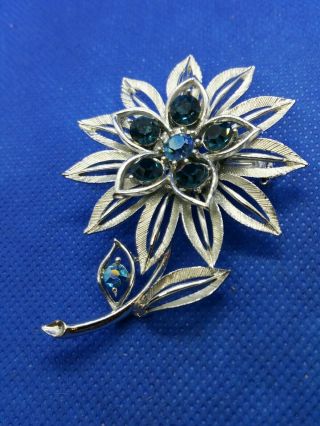 Vintage Signed Lisner Blue Aurora Borealis Rhinestone Flower Pin Brooch