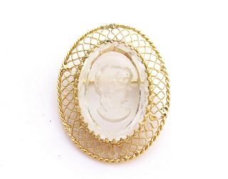 Vintage Glass Intaglio Reverse Molded Cameo Filigree Gold Plated Pin Brooch