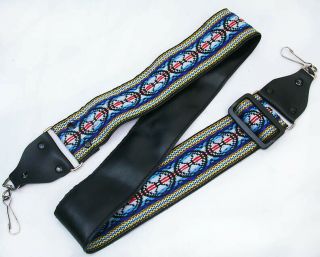 Vtg Hippie Woven Camera Strap 2 " Wide Leather End,  Swivel Clip Blue White Red Blk