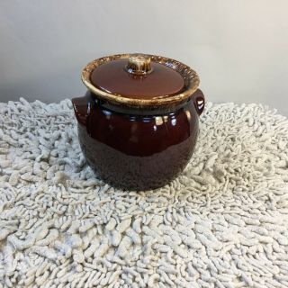 Vintage Glazed Ceramic Pottery Bean Pot Brown Drip Edge Lid Ovenproof Usa Flaw