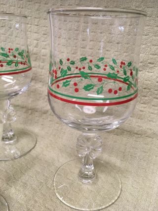 4 Vintage 1987 Arbys Christmas Holly Berry Glasses Wine Goblet w/Bows Libbey 4