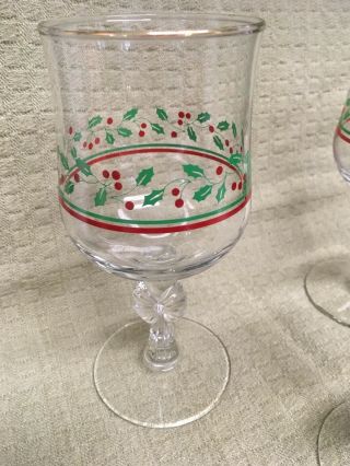 4 Vintage 1987 Arbys Christmas Holly Berry Glasses Wine Goblet w/Bows Libbey 5