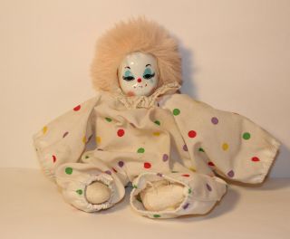Vintage 7 1/2 " Clown Doll With Porcelain Face - White Suit & Rainbow Polka Dots