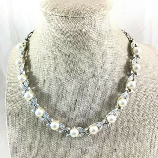 Vintage Lisner Silver Tone Faux Pearl & Rhinestone Link Necklace 16 " Long