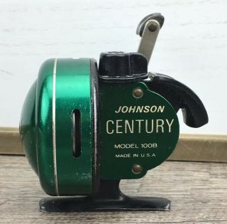 Vintage Johnson Century 100b Fishing Reel Green Made In Usa Black Button