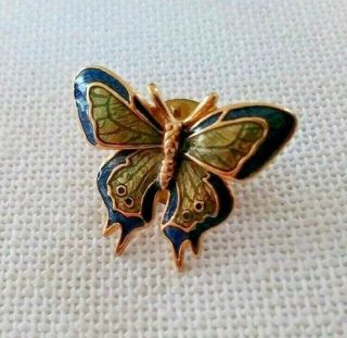 Vintage Goldtone And Green And Blue Guilloche Enamel Butterfly Tie Tac