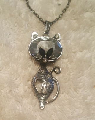 Vintage Adorable Prism Glass,  Silver Plated 2 Piece Moving Cat Pendant Necklace