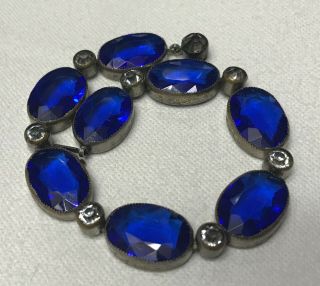Vintage Czech Cobalt Blue Faceted Glass Bracelet Signed Art Deco Filigree Metal