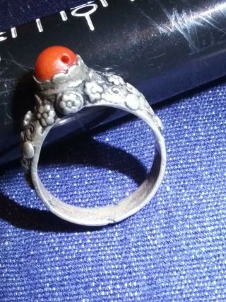Highly Detailed Vintage Sterling Silver Red Coral Gemstone? Ring Large Size 9