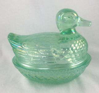 Vintage Signed Imperial Glass Iridescent Green Duck Carnival Glass Candy Dish