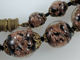 Venetian Art Glass Necklace Black Copper Foil Flecks Beads Barrel Clasp 28 " Vtg
