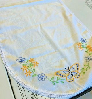Vintage Hand Embroidered Table Linen Dresser Scarf Butterfly 14.  5 