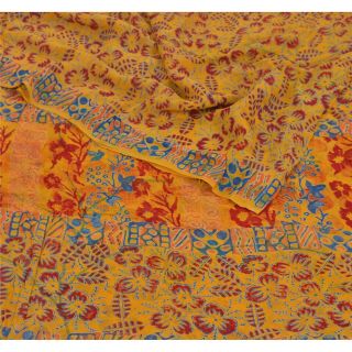 Sanskriti Vintage Yellow Saree Blend Georgette Printed Sari Craft Fabric 2
