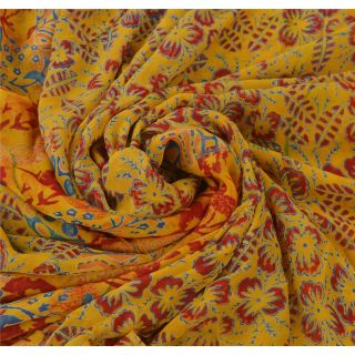Sanskriti Vintage Yellow Saree Blend Georgette Printed Sari Craft Fabric 4