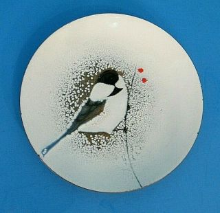 Vintage Norman Brumm Signed Copper Enamel White Chickadee Bird Art 5 " Plate