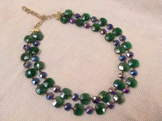 Vtg 2 Strand Green & Blue Iridescent Glass Bead Chain Link Mcm Retro Necklace