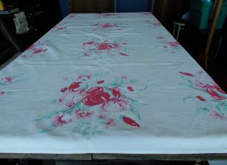 66 " X50 " Vintage Tablecloth Cotton Red/pink Iris On White 1950 