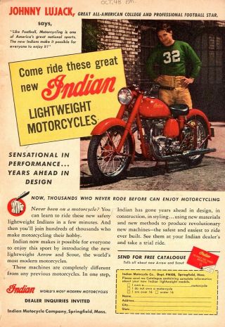 Vintage 1948 Indian Scout Vertical Twin & Arrow Single Ad,  With Johnny Lujack