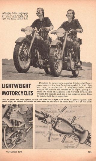 Vintage 1948 Indian Scout Vertical Twin & Arrow Single Ad,  with Johnny Lujack 2