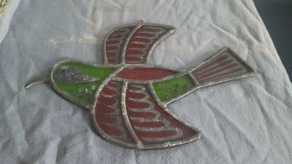 Large Vintage Red & Green Stained Glass Sun Catcher Bird Flying 8x12 " Vgc (002