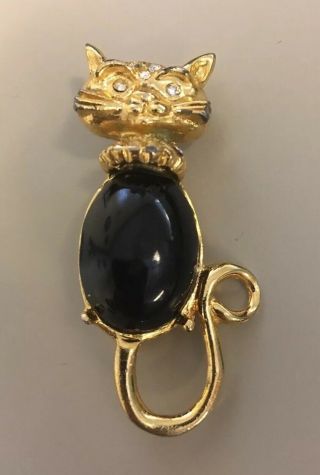 Vintage Gold Tone Enamel Rhinestone Black Cat Kitten Animal Brooch Halloween