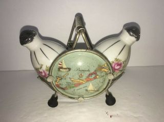 Vintage Souvenir Bermuda Porcelain Salt & Pepper Shakers With Metal Holder