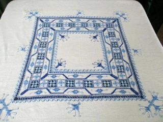 Vintage Tablecloth Hand Embroidered - Shades Of Blues - Linen