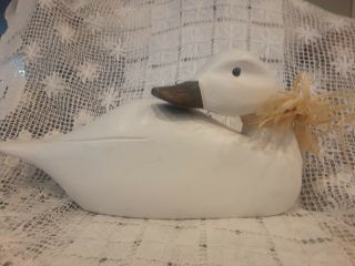 Decorative Solid Handfinished Pine Duck Decoy White With Glass Eyes Signed 1999