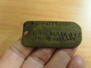 Vintage I Am Allergic To Penicillin Brass Tag F A Patterson