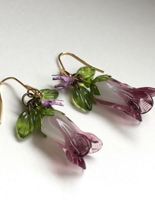 Art Nouveau Vintage Style Glass Lampwork Flower Gold Filled Earrings Pierced