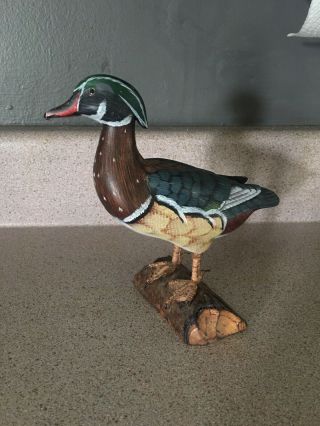 Vintage Hand Carved Painted Wooden Duck Decoy Figure Sculpture,  Wood Base Log