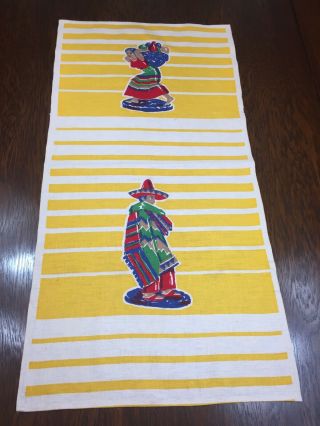 Vtg Mexican Man Lady Yellow Tea Towel Table Runner Wall Hanging Sombrero Serape