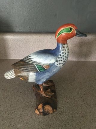 Vintage Hand Carved Painted Wooden Duck Decoy Figure Sculpture On Wood Base Log