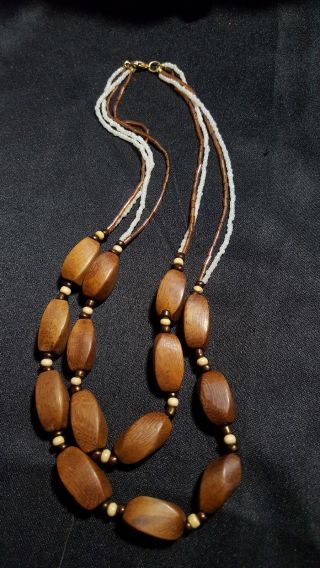 Vintage Wood And Glass Beaded Multi Strand Bib Necklace