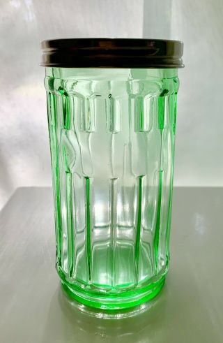 Vgc Antique 1930s Green Depression Glass Jar & Lid Ribbed Sugar Shaker Vintage