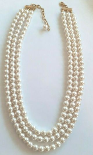 Vintage Triple Strand 8mm Faux Pearl Necklace 18 " White