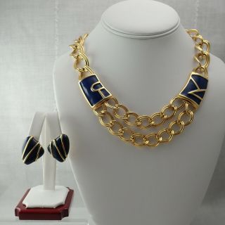 Vtg Monet Gold Tone Abstract Blue Enamel Chain 17 3/4 " Adj Necklace Earring Set