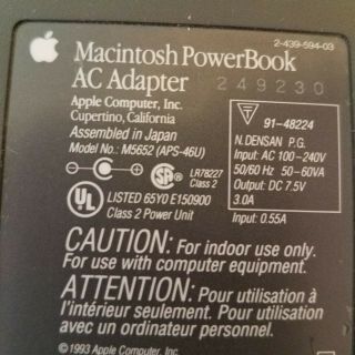Apple Macintosh Mac Powerbook 180 AC Adapter M5652 APS - 46U DC 7.  5V 3.  0A VTG 3