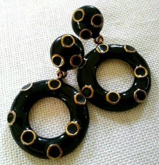 Vintage Goldtone And Black Enamel Statement Dangle Hoop Pierced Earrings