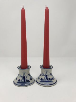 A02: Pair (2) Vintage Delft Blue And White Candle Holders Windmills Chinoiserie