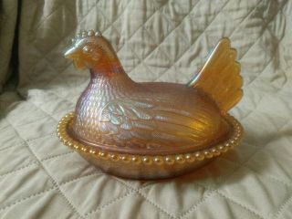 Vintage Amber Indiana Carnival Glass Hen On Nest 7”