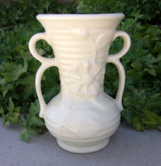 Vtg Shawnee Pottery White Double Handle Vase Embossed Floral Ringed