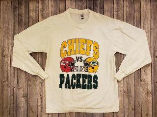 Chiefs Vs Packers Long Sleeve White Long Sleeve Shirt Vintage 90s Unisex Size Xl