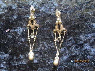 Vintage Monet Victorian Drop Clip - On Earrings With Crystal And Goldtone Pearls