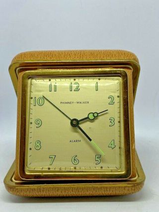 Vintage Rare Phinney - Walker Brown Travel Alarm Clock Clamshell Collapsible