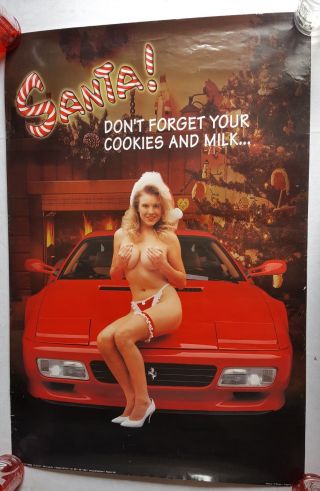 Rare.  Vintage Christmas Poster Sexy Girl 24x36 " Santa Cave Pin Ferrari (1994)