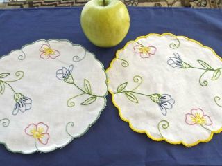 2 Vintage Cotton 8 " Round Doilies Hand Embroidered Blue & Pink Flowers