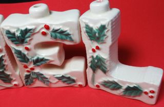 Vintage Mid - Century JAPAN Porcelain Christmas Candle Holder - Holly & Berries NOEL 3