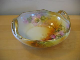 Vintage Nippon Hand Painted Round Gold Handled Dish Flowers Gold Trim