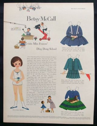 Vintage Betsy Mccall Mag.  Paper Doll,  Betsy Visits Ding Dong School,  Oct.  1959